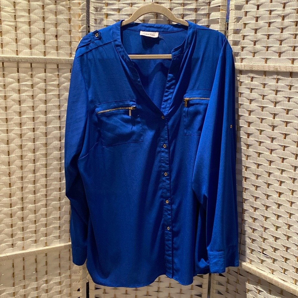 Calvin Klein blouse, zipper pocket detail, mandarin collar, new no tags.